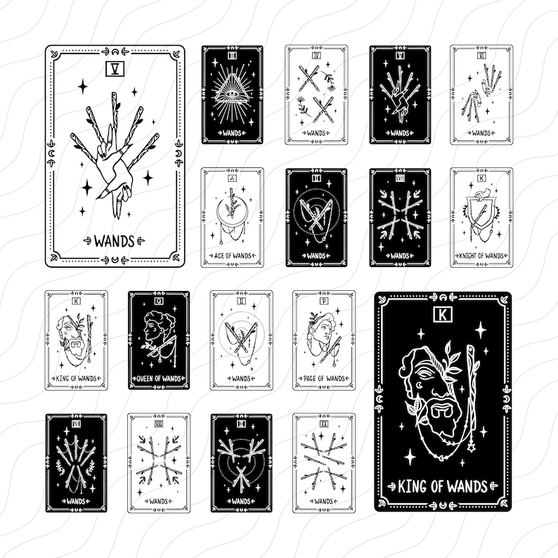 May include: Black and white illustrations of tarot cards depicting the suit of wands. Each card features a unique design with stars and other symbols. The cards are numbered 1 through 14, with the Ace, King, Queen, and Knight of Wands.