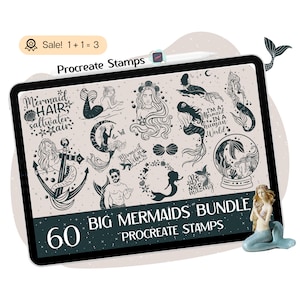 60 Mermaid Procreate STAMPS, Mermaid Quotes STAMPS, Mermaid Procreate Brushes, Little Mermaid Stamps, Mermaid Doodle, Tattoo, Stamp Brush