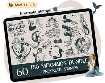 60 Mermaid Procreate STAMPS, Mermaid Quotes STAMPS, Mermaid Procreate Brushes, Little Mermaid Stamps, Mermaid Doodle, Tattoo, Stamp Brush