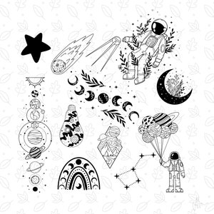 May include: Black and white line art illustrations of space-themed elements, including a star, a comet, a satellite, an astronaut, a crescent moon, a sun, a planet, a lightbulb, a mountain range, a rainbow, and a constellation.