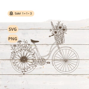 ひまわり付き自転車 SVG PNG、自転車 SVG、自転車 SVG、ひまわり SVG、野生の花 SVG、Cricut 用自転車ファイル、自転車タトゥー、PNG、シャツ、クリップアート