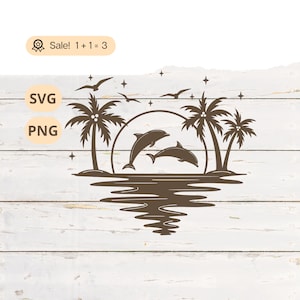 Sonnenuntergang Szene SVG Sonnenuntergang Leben Island Palm Beach, Delphin zwar, Palme svg, Strandszene svg, Sommer svg, Delphin Tattoo, Png, Clipart, Shirt