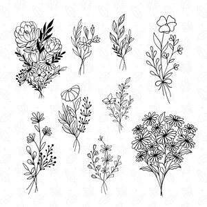May include: A set of nine black and white line drawings of different floral bouquets. The bouquets are all different sizes and shapes, and they feature a variety of flowers, including roses, daisies, and wildflowers.