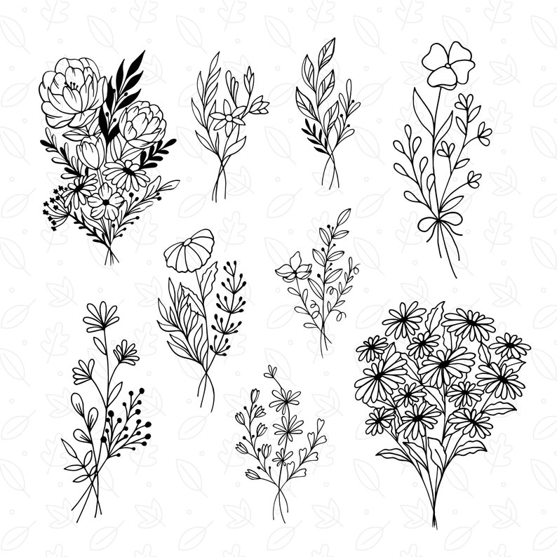 May include: A set of nine black and white line drawings of different floral bouquets. The bouquets are all different sizes and shapes, and they feature a variety of flowers, including roses, daisies, and wildflowers.
