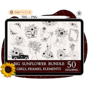 Lot de 50 doux tournesol SVG, SVG tournesol, fichier tournesol pour Cricut, svg soleil, cadre floral, tournesol Tshirt Clipart PNG Silhouette