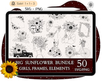 50 Sunflower SVG Bundle, Floral Frame Clipart (PNG)