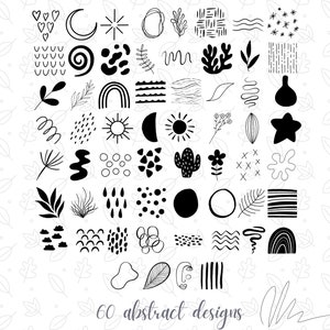 Pu&ograve; includere: Una collezione di 60 disegni astratti in bianco e nero. I disegni includono varie forme come cuori, lune, stelle e forme organiche. Il testo "60 abstract designs" si trova nella parte inferiore dell'immagine.