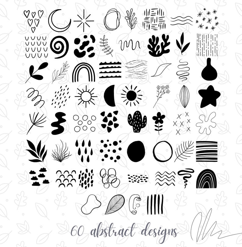 Pu&ograve; includere: Una collezione di 60 disegni astratti in bianco e nero. I disegni includono varie forme come cuori, lune, stelle e forme organiche. Il testo "60 abstract designs" si trova nella parte inferiore dell'immagine.