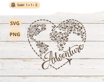Adventure Heart World Map SVG PNG, Travel Clipart (Digital Download)