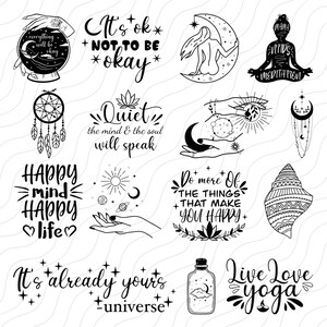 Pu&ograve; includere: Illustrazioni in bianco e nero di varie citazioni e disegni ispiratori relativi alla consapevolezza, alla meditazione e allo yoga. Le citazioni includono "Va bene non stare bene", "La quiete della mente e dell'anima parler&agrave;", "Mente felice, vita felice", "Fai di pi&ugrave; delle cose che ti rendono felice", "&Egrave; gi&agrave; tuo - l'universo", e "Vivi l'amore dello yoga".