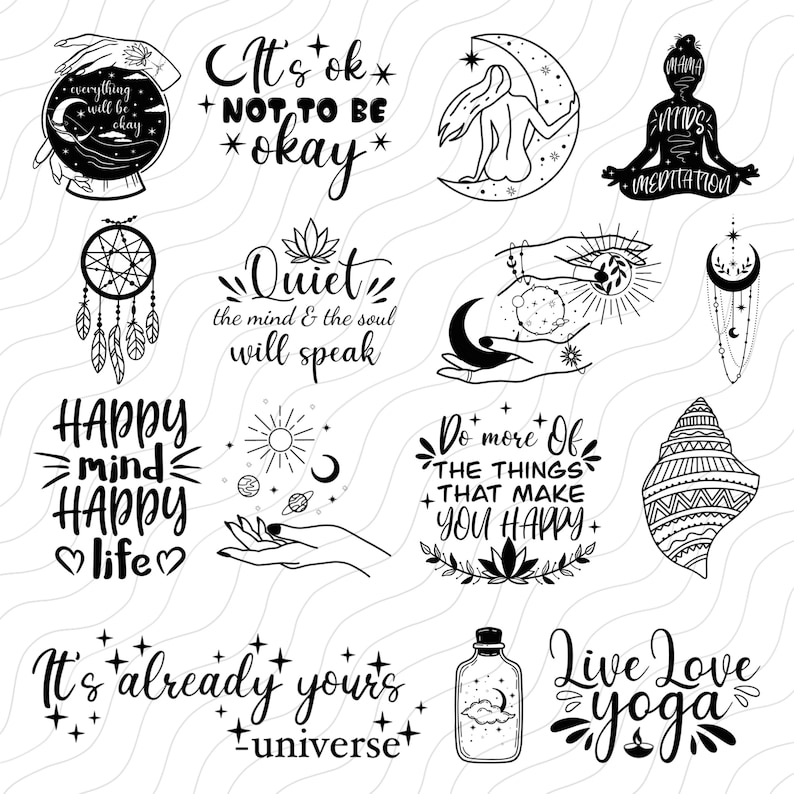 Pu&ograve; includere: Illustrazioni in bianco e nero di varie citazioni e disegni ispiratori relativi alla consapevolezza, alla meditazione e allo yoga. Le citazioni includono "Va bene non stare bene", "La quiete della mente e dell'anima parler&agrave;", "Mente felice, vita felice", "Fai di pi&ugrave; delle cose che ti rendono felice", "&Egrave; gi&agrave; tuo - l'universo", e "Vivi l'amore dello yoga".