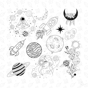 May include: Black and white line art illustration of a space scene with planets, stars, a rocket, a moon, an astronaut, and a woman with a sun over her eye.