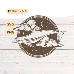 Himmlischer Delphin SVG PNG, Delphin zwarte svg, Weltraumsvg, himmlische svg, Mond und Sterne svg, nautisches svg, Сloud svg, Delfin Tattoo, Png, Shirt