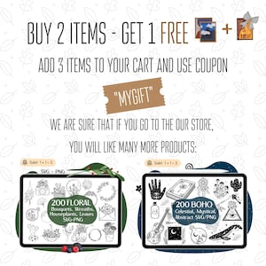 Pu&ograve; includere: Grafica promozionale con testo: "ACQUISTA 2 ARTICOLI - RICEVI 1 GRATIS" e "AGGIUNGI 3 ARTICOLI AL TUO CARRELLO E USA IL COUPON 'MYGIFT'". Vengono visualizzate due collezioni di arte digitale: "200 FLORAL" e "200 BOHO" con formati SVG e PNG.