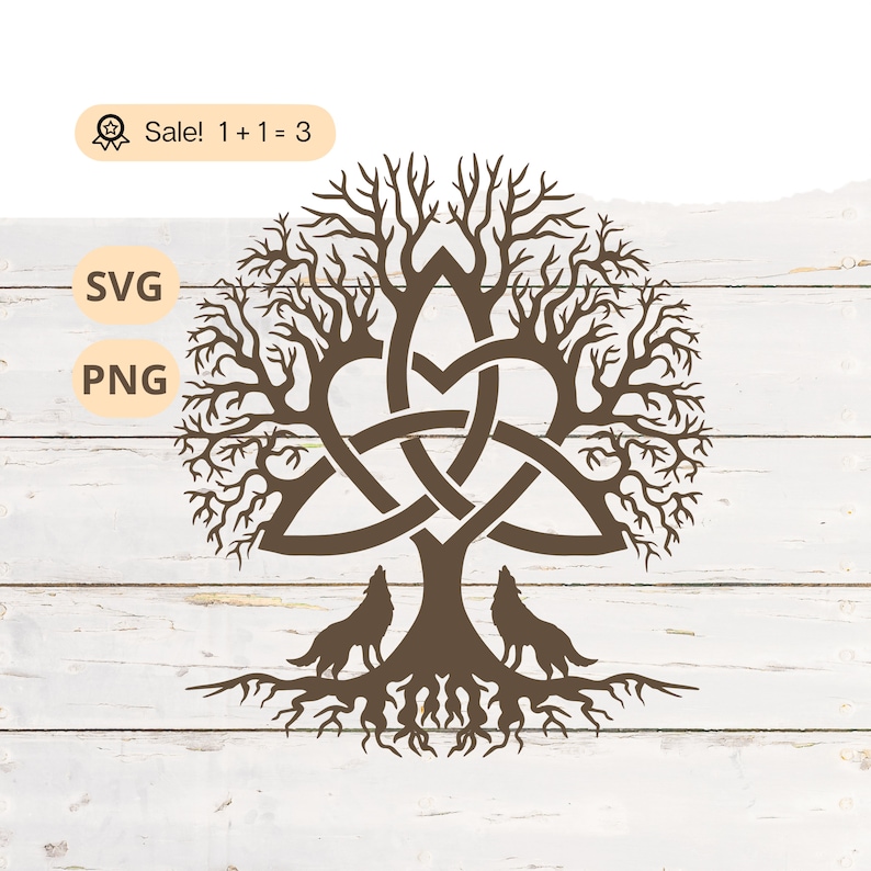 May include: A brown silhouette of a tree with a Celtic knot heart design and two wolves howling at the moon. The tree has a thick trunk and many branches. The roots are visible at the bottom of the image.