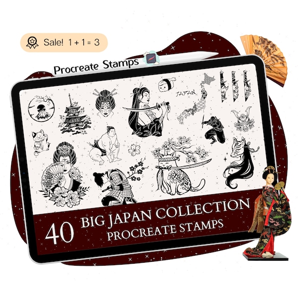 40 Japan Procreate STAMPS, Japanese Procreate BRUSHES, Japan STAMPS, Japanese Tattoo, Japan Clipart, Procreate Brushset, Commercial use