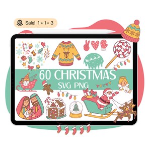 May include: A digital illustration of 60 Christmas themed SVG and PNG files. The image shows a variety of Christmas icons, including a Christmas tree, Santa Claus, a gingerbread house, a snowman, and a reindeer. The text "60 Christmas SVG PNG" is displayed in the center of the image.