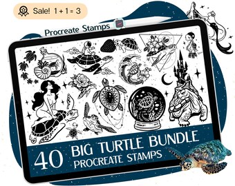 40 Sea Turtle Procreate Stamps, Beach Doodle Tattoo Brushes
