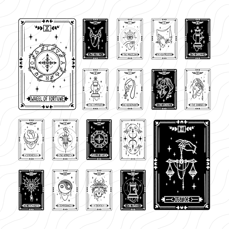 May include: Black and white tarot card illustrations with a variety of symbols and designs. The cards include the Wheel of Fortune, The Lovers, The Chariot, The Tower, The Hanged Man, Temperance, Death, The World, and Justice.