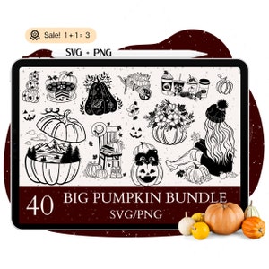 Peut inclure: Un ensemble de 40 illustrations de citrouilles en noir et blanc. Les citrouilles sont de formes et de tailles variées, notamment une citrouille avec une scène de montagne à l'intérieur, une citrouille avec un visage de chat et une citrouille avec des fleurs. Le texte "40 BIG PUMPKIN BUNDLE SVG/PNG" est en bas de l'image.