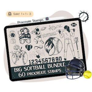 May include: A digital illustration of 60 Procreate stamps featuring softball-themed designs. The stamps include a softball player, a heart with a softball inside, a softball with a mountain and moon, and the numbers 1 through 9. The text "BIG SOFTBALL BUNDLE" and "60 PROCREATE STAMPS" are also included.