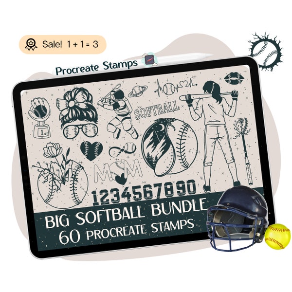 60 Softball Procreate STAMPS, Softball Procreate BRUSHES, Baseball Procreate Stamps, Softball mom Clipart Procreate Brushset Doodle Tattoo