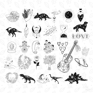 May include: A collection of black and white illustrations featuring various mystical and natural elements. Includes a crystal ball, a guitar, a dinosaur, a rat, a hand holding crystals, a crescent moon, and a bouquet of flowers.