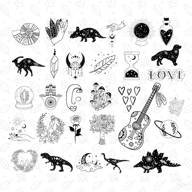 May include: A collection of black and white illustrations featuring various mystical and natural elements. Includes a crystal ball, a guitar, a dinosaur, a rat, a hand holding crystals, a crescent moon, and a bouquet of flowers.