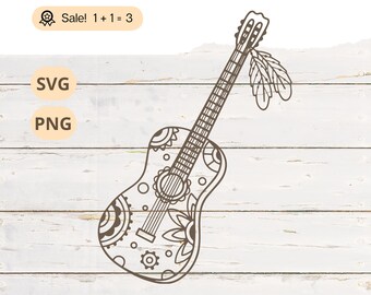 Guitarra acústica bohemia SVG, música country PNG, arte de tatuaje (archivo de corte)