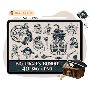 Lot de 40 grands pirates SVG, SVG pirate, fichier pirate pour Cricut, tête de mort svg, svg squelette, bateau pirate, clipart nautique tshirt PNG Silhouette