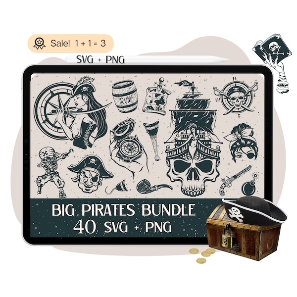 40 Big Pirate SVG Bundle, Pirate SVG, Pirate file for Cricut, Skull svg, Skeleton svg, Pirate Ship, Nautical Clipart Tshirt PNG Silhouette