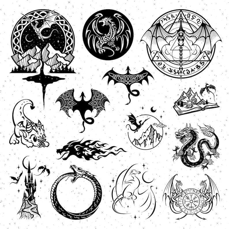Op de afbeelding: Een set van 14 zwart-wit illustraties met draken in verschillende poses en omgevingen. De illustraties bevatten draken die vliegen, opgerold zijn en in een cirkel. Sommige illustraties bevatten bergen, kastelen en andere fantasie-elementen.