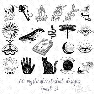 Pu&ograve; includere: Disegni mistici e celesti in bianco e nero, tra cui una mano con una luna crescente, una chiave, una candela, un cristallo con un serpente, un sole, una balena, una falena, un libro, un gatto e una mano con un occhio. Testo: "60 disegni mistici/celesti (parte 3)".