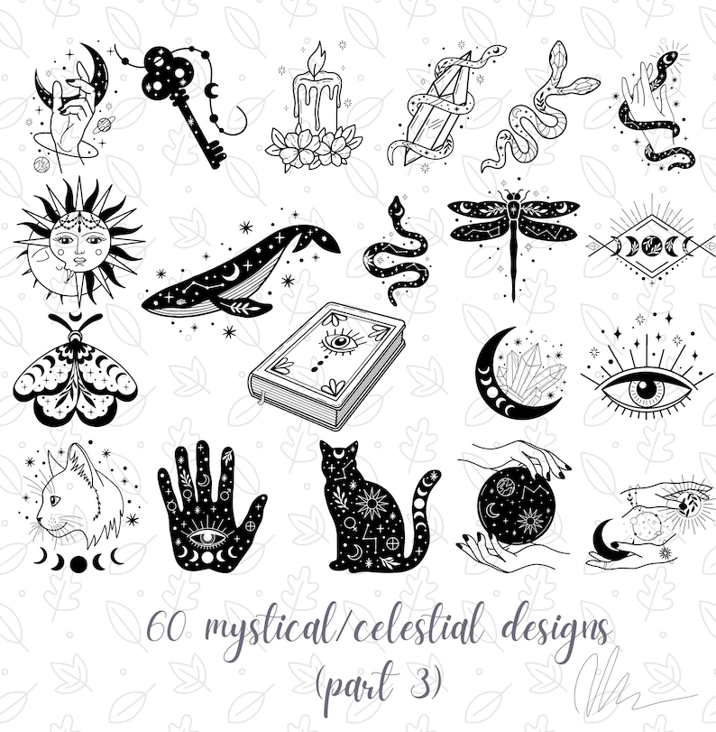 Pu&ograve; includere: Disegni mistici e celesti in bianco e nero, tra cui una mano con una luna crescente, una chiave, una candela, un cristallo con un serpente, un sole, una balena, una falena, un libro, un gatto e una mano con un occhio. Testo: "60 disegni mistici/celesti (parte 3)".