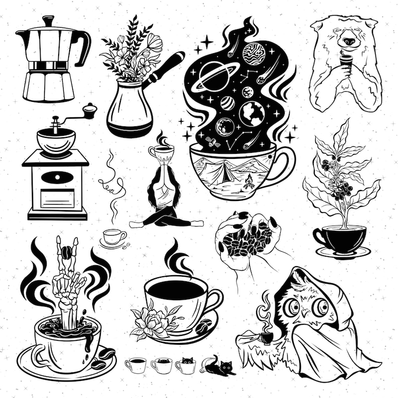 May include: Black and white illustrations of coffee-themed imagery, including a coffee pot, a coffee grinder, a coffee cup with a galaxy inside, a coffee cup with a skeleton hand, a coffee cup with a flower, a coffee cup with a cat, a coffee cup with an owl, a coffee bean plant, and a polar bear holding a coffee cup.