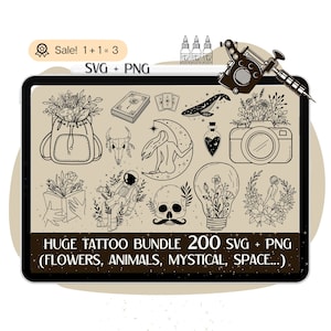Paquete SVG de tatuajes enorme, 200 diseños de tatuajes SVG, tatuajes temporales para mujeres, paquete SVG de tatuajes, archivo Doodle Cut para Cricut, uso comercial