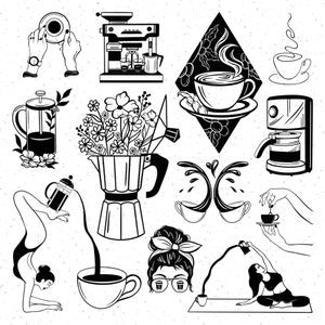 May include: Black and white illustrations of various coffee brewing methods, including a French press, a coffee maker, a moka pot, and a pour-over coffee maker. The illustrations also include coffee cups, coffee beans, and a woman doing yoga.