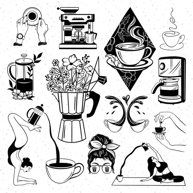 May include: Black and white illustrations of various coffee brewing methods, including a French press, a coffee maker, a moka pot, and a pour-over coffee maker. The illustrations also include coffee cups, coffee beans, and a woman doing yoga.