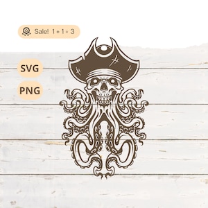 Octopus Skull in Pirate Hat SVG PNG, Pirate svg, Octopus svg, Skull svg, Skeleton SVG, Nautical svg, Octopus Tattoo, Png, Clipart, Shirt