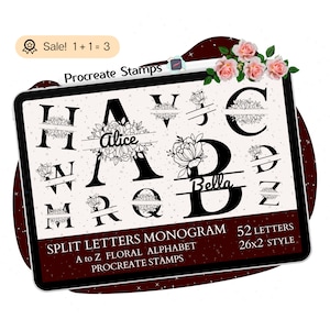 52 SELLOS de monograma dividido para Procreate, PINCELES de letras de monograma para Procreate, SELLOS de letras florales, Sellos de pincel con imágenes prediseñadas de sellos del alfabeto, Doodle