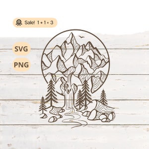Krajobraz górski SVG PNG, Góra SVG, Drzewa górskie svg, Przygoda svg, Piesze wycieczki Svg, Na zewnątrz svg, Koszulka górska, Tatuaż, Clipart