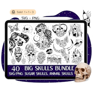 40 Sugar Skull SVG Bundle, tête de mort SVG, fichier tête de mort pour Cricut, vache tête de mort svg, svg squelette, svg visage squelette, PNG Tshirt usage commercial