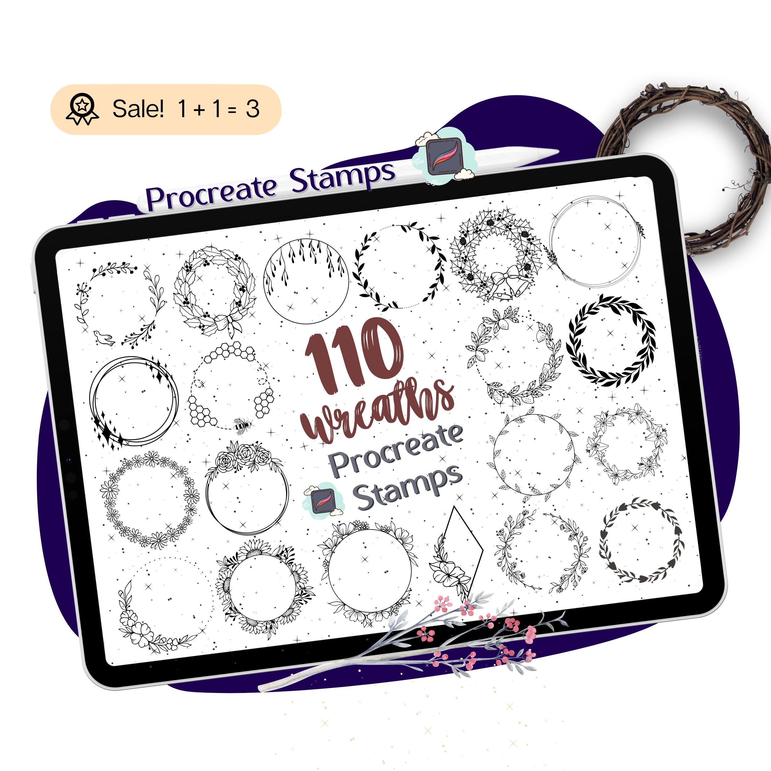 110 Floral Wreath Procreate Stamps, Botanical Laurel Brushes ...