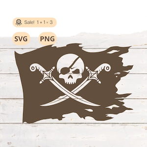 May include: A brown pirate flag with a white skull and crossbones. The skull has an eyepatch and the crossbones are made of swords.
