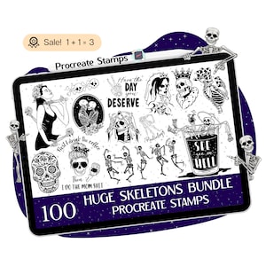 100 Skeleton Procreate STAMPS, Dancing Skeleton STAMPS, Skeleton Quotes, Skull BRUSHES, Sugar skull stamps, Halloween stamps, Doodle Tattoo