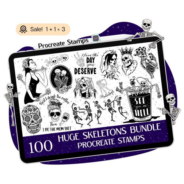 100 Skeleton Procreate STAMPS, Dancing Skeleton STAMPS, Skeleton Quotes, Skull BRUSHES, Sugar skull stamps, Halloween stamps, Doodle Tattoo