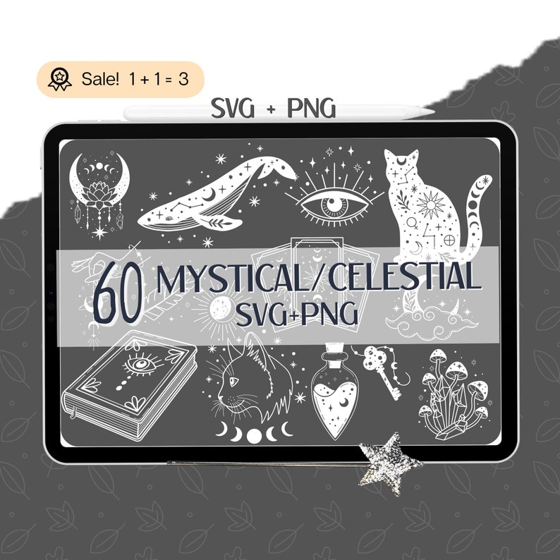 May include: A digital illustration of 60 mystical and celestial SVG and PNG graphics. The graphics include a whale, a cat, a moon, a key, a bottle, mushrooms, and more. The graphics are in white on a dark gray background.