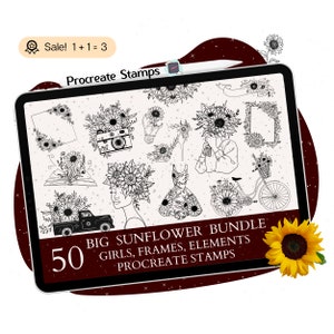 50 SELLOS de girasol para Procreate, PINCELES de girasol para Procreate, SELLOS con marco floral, Clipart de girasol, Sellos de pincel, Garabato de tatuaje para Procreate