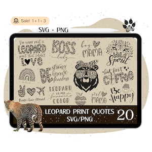 Könnte beinhalten: Ein digitaler Tablet-Bildschirm zeigt 20 schwarz-weiße Zitate mit Leopardenmuster. Die Zitate beinhalten "Boss Lady", "Wild Spirit", "Be Happy" und "Leopard is my favorite color".