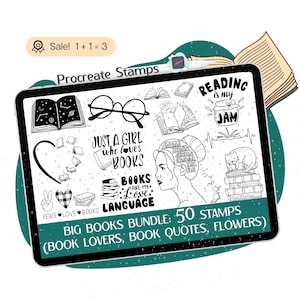 Livre Procreate TIMBRES, 50 tampons de lecture Procreate, Brosses pour procréer pour amoureux des livres, Book Girl, Citations de livres, Fleurs de livre, Pinceaux pour tampons